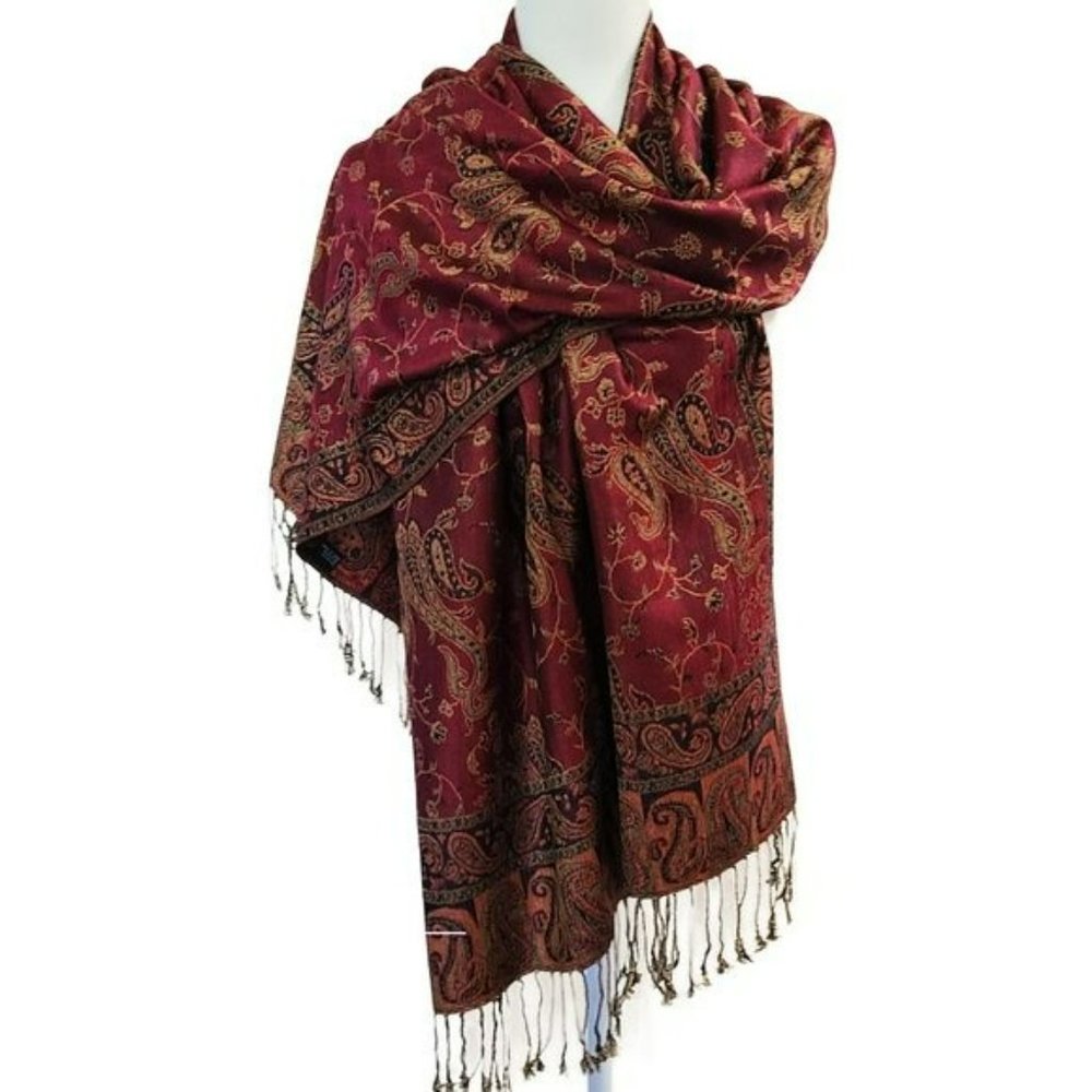 NWT Gorgeous Reversible Paisley Fringed Pashmina Shawl Evening Wrap - Picture 4 of 7